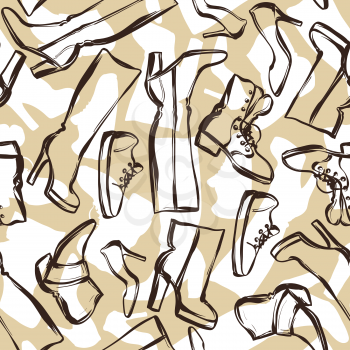 Seamless pattern with shoes. Hand drawn illustration female footwear, boots and stiletto heels.