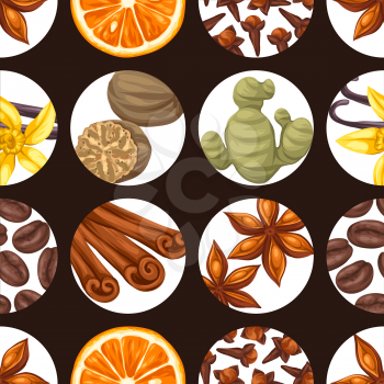 Seamless pattern with various spices. Illustration of anise, cloves, vanilla, ginger and cinnamon.