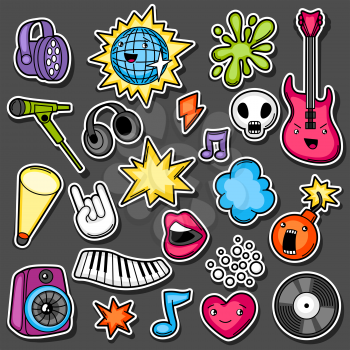 Music party kawaii sticker set. Musical instruments, symbols and objects in cartoon style.