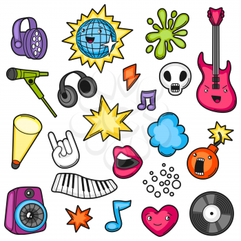Music party kawaii set. Musical instruments, symbols and objects in cartoon style.