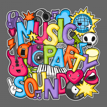 Music party kawaii design. Musical instruments, symbols and objects in cartoon style.