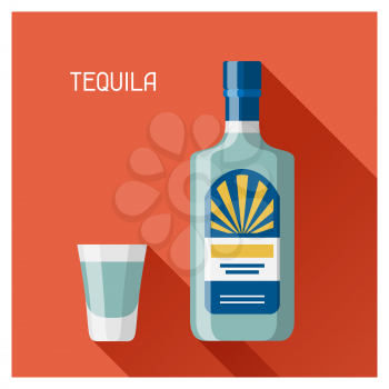 Bottle and glass of tequila in flat design style.