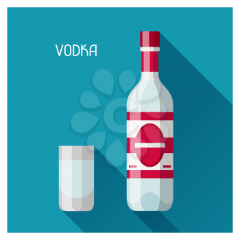 Bottle and glass of vodka in flat design style.