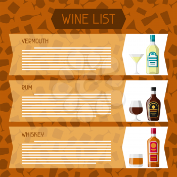 Alcohol drinks menu or wine list. Bottles, glasses for restaurants and bars.