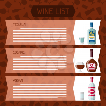 Alcohol drinks menu or wine list. Bottles, glasses for restaurants and bars.