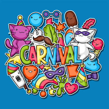 Carnival party kawaii background. Cute sticker cats, decorations for celebration, objects and symbols.