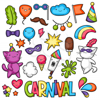 Carnival party kawaii set. Cute cats, decorations for celebration, objects and symbols.