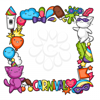 Carnival party kawaii frame. Cute cats, decorations for celebration, objects and symbols.