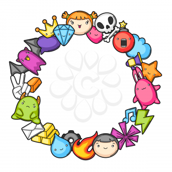 Game kawaii frame. Cute gaming design elements, objects and symbols.