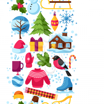 Seamless pattern with winter objects. Merry Christmas, Happy New Year holiday items and symbols.