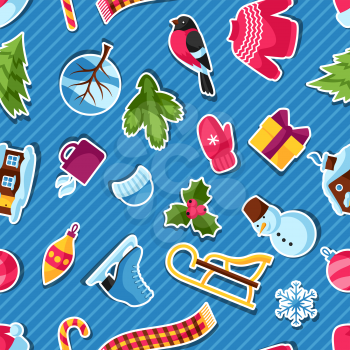 Seamless pattern with winter stickers. Merry Christmas, Happy New Year holiday items and symbols.