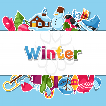 Background with winter stickers. Merry Christmas, Happy New Year holiday items and symbols.