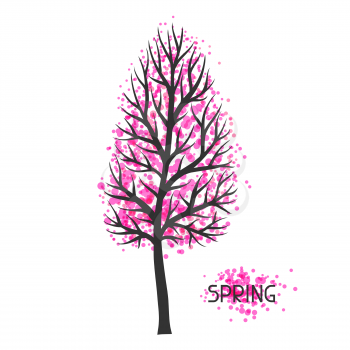 Background with spring tree. Illustration of silhouette and abstract spots.