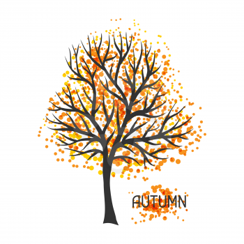 Background with autumn tree. Illustration of silhouette and abstract spots.