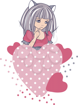 Manga style girls with hearts. Vector background.