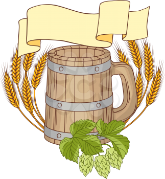 Vector illustration of a barrel mug wheat, hops.