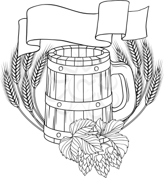 Vector illustration of a barrel mug wheat, hops.