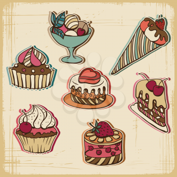 Vector illustration of cakes in retro style. Vintage design.