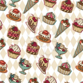 Vector background with of cake in retro style. Seamless pattern.