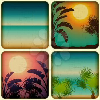Retro tropical cards with seaside and palm trees.