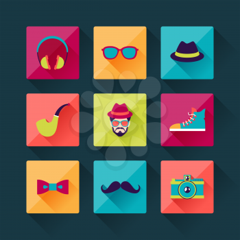 Set of hipster icons in flat design style.