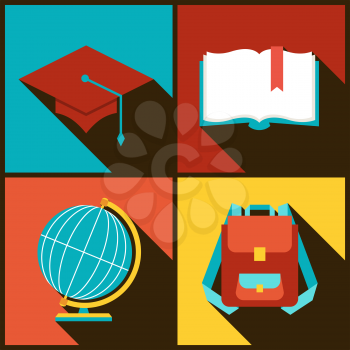 Background with education icons in flat design style.