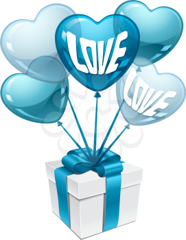 Background with balloons in the shape of heart and gift box.