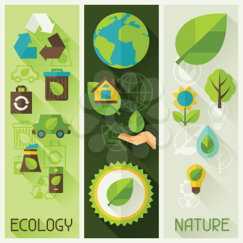 Ecology banners with environment, green energy and pollution icons.