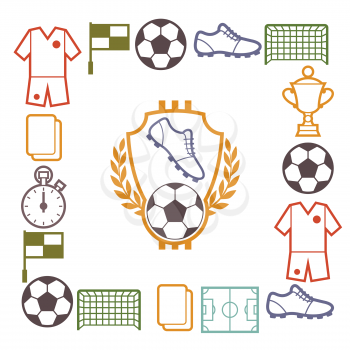 Sports background with soccer football symbols in flat style.