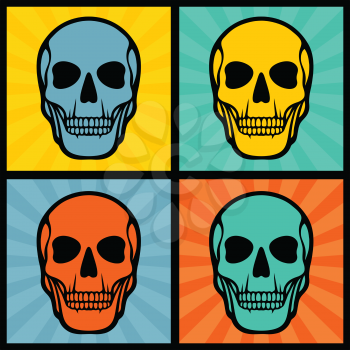 Four illustrations with skulls on pop art background.