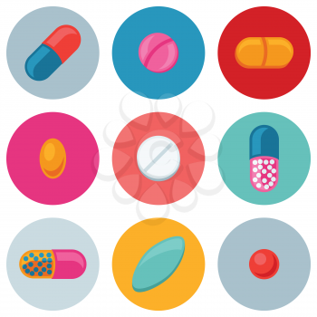 Set of various pills and capsules icons.