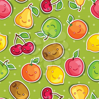 Seamless pattern with cute kawaii smiling fruits stickers.