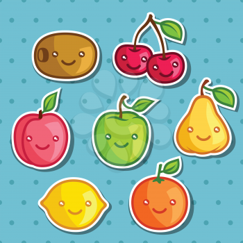 Set of cute kawaii smiling fruits stickers.