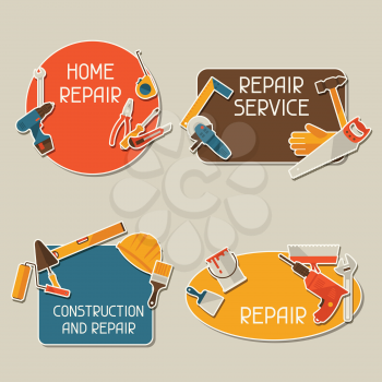 Repair and construction stickers set with working tools.