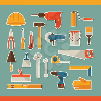 Repair and construction working tools sticker icon set.