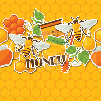 Seamless pattern with honey and bee stickers.