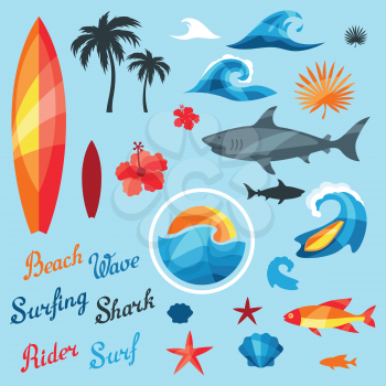 Set of surfing design elements and objects.