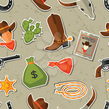 Wild west seamless pattern with cowboy objects and stickers.