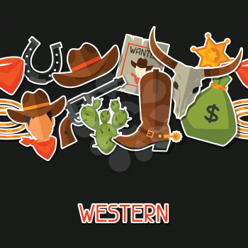 Wild west seamless pattern with cowboy objects and stickers.