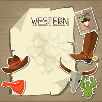 Wild west background with cowboy objects and stickers.