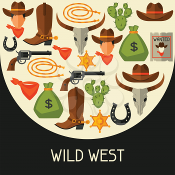 Wild west background with cowboy objects and design elements.