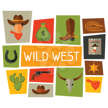 Wild west background with cowboy objects and design elements.