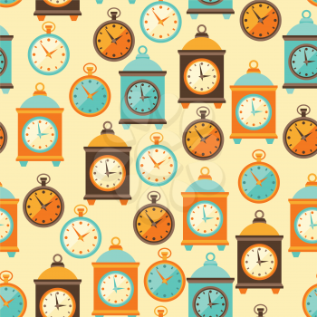 Seamless retro pattern with watches in flat style.