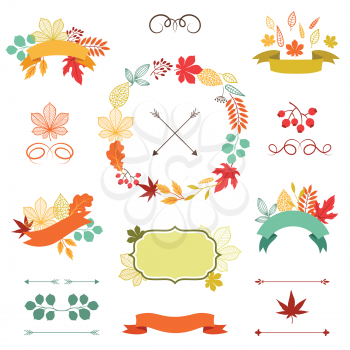 Autumn leaves set of wreath, ribbons and labels.