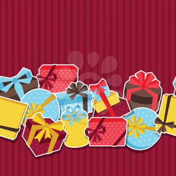 Seamless celebration pattern with sticker gift boxes.