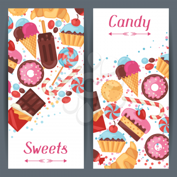 Vertical banners with colorful candy, sweets and cakes.