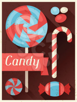 Candy retro poster background design in flat style.