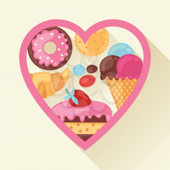 Heart background with colorful candy, sweets and cakes.