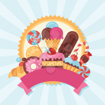 Background with colorful candy, sweets and cakes.