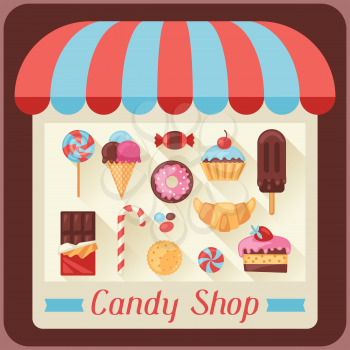 Candy shop background with candy, sweets and cakes.